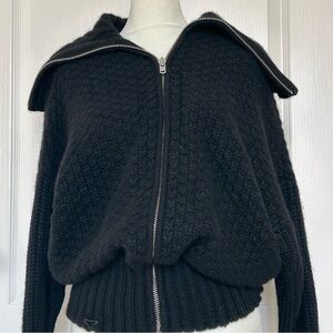 Autumn Cashmere Black Zip Front Textured Knit Sweater Jacket Collared Crop